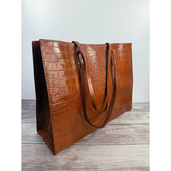 Italian Croc-Embossed Camel Brown Genuine Leather Tote bag Italy, Pristine - Picture 12 of 16